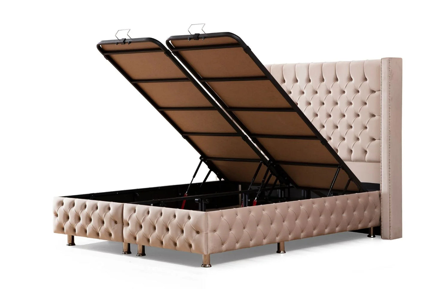 Lit Coffre CLOUTE BEIGE - Velours capitonné