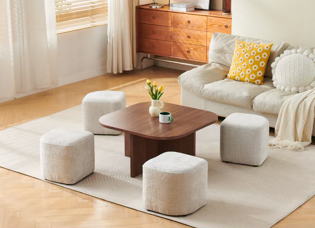 Table basse Marbella travertin céramique avec poufs 80cm
