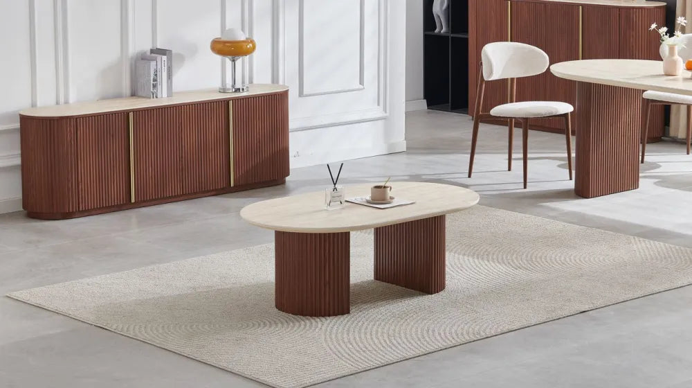 Table basse Calypso céramique travertin noyer 120cm