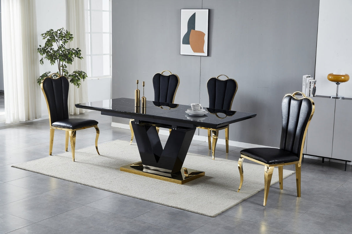 Table à manger V à rallonge marbre beige pied doré 160-200cm