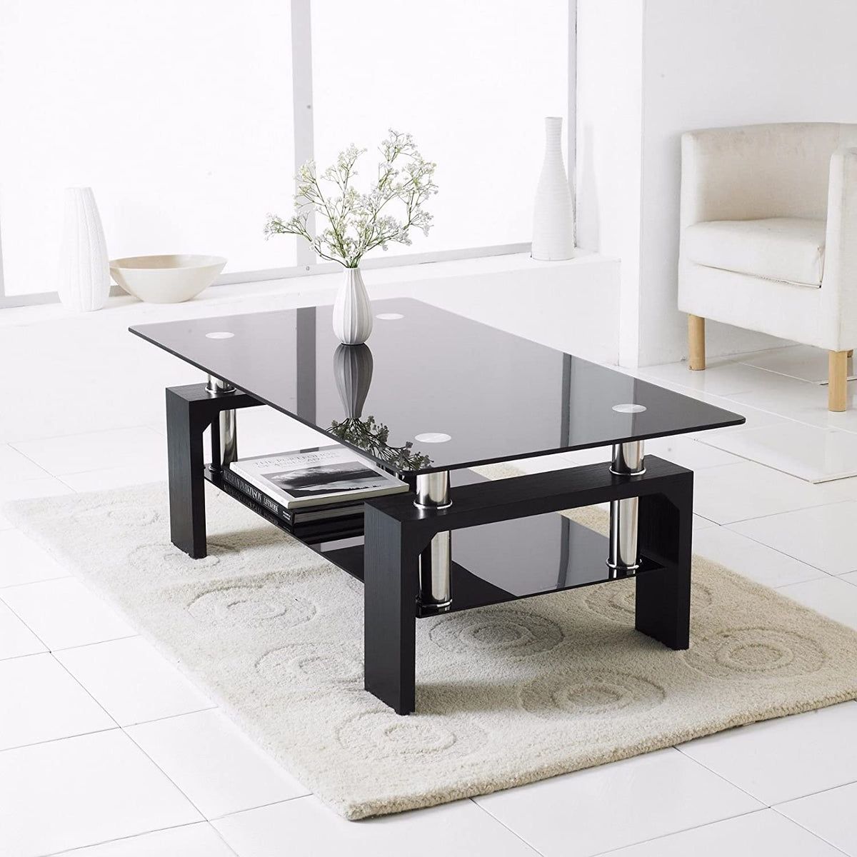 Table Basse Gloria rectangulaire verre trempé transparent et pieds noir 110cm