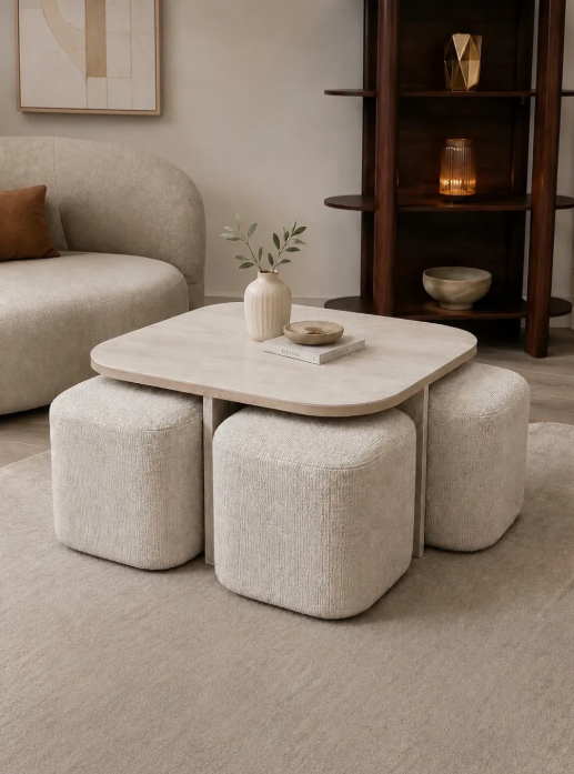 Table basse Marbella noyer MDF avec poufs 80cm