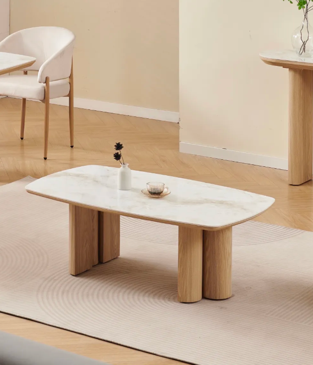 Table basse Trinity céramique hêtre marbre beige 120cm