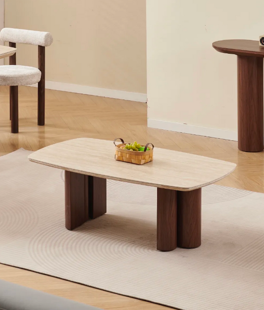 Table basse Trinity céramique noyer travertin 120cm