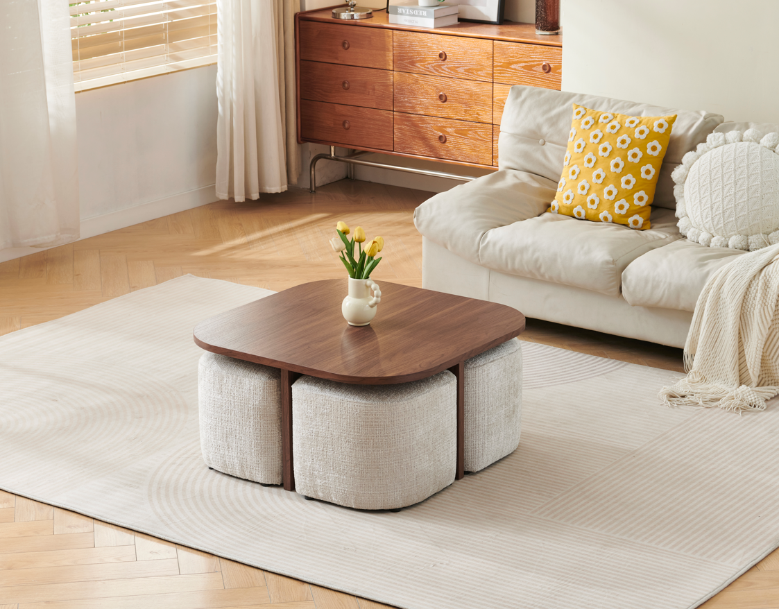 Table basse Marbella travertin céramique avec poufs 80cm