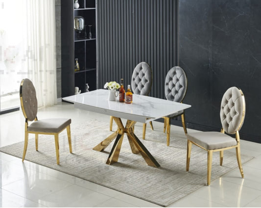 Table à manger à rallonge Spike pied doré marbre blanc 160-200cm