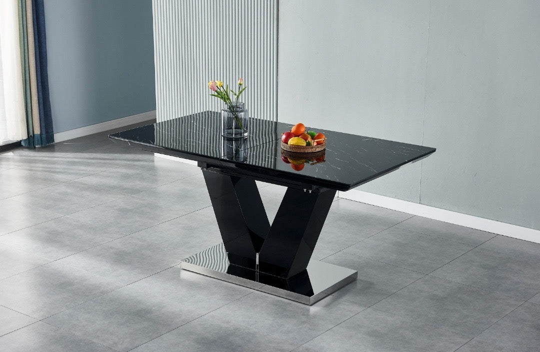 Table à manger V à rallonge marbre beige pied doré 160-200cm