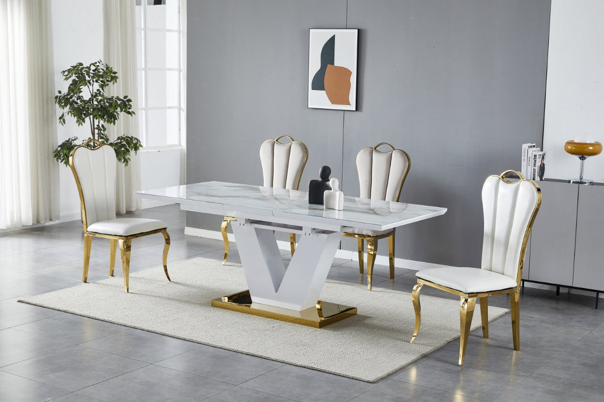 Table à manger V à rallonge marbre beige pied chrome 160-200cm