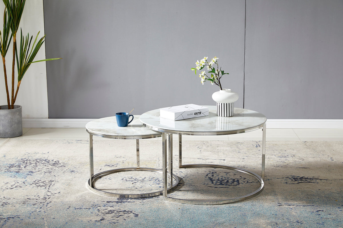 Table Basse Gigogne ronde verre trempé marbre beige et pieds en acier inoxydable argenté 60-80cm