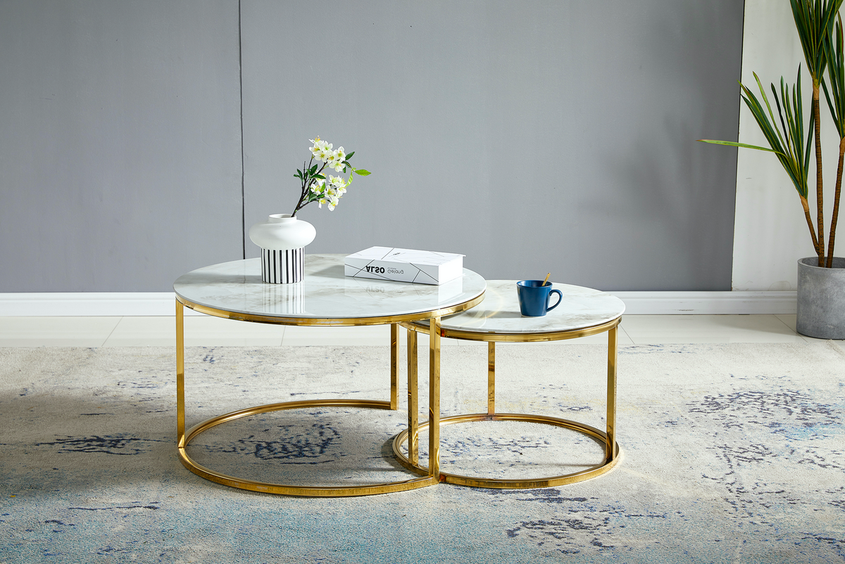 Table Basse Gigogne ronde verre trempé marbre beige et pieds en acier inoxydable doré 60-80cm